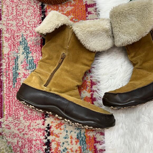 The North Face Tan Brown Fleece Fold Over Leather Snow Winter Boot 9 Cozy - Picture 5 of 9